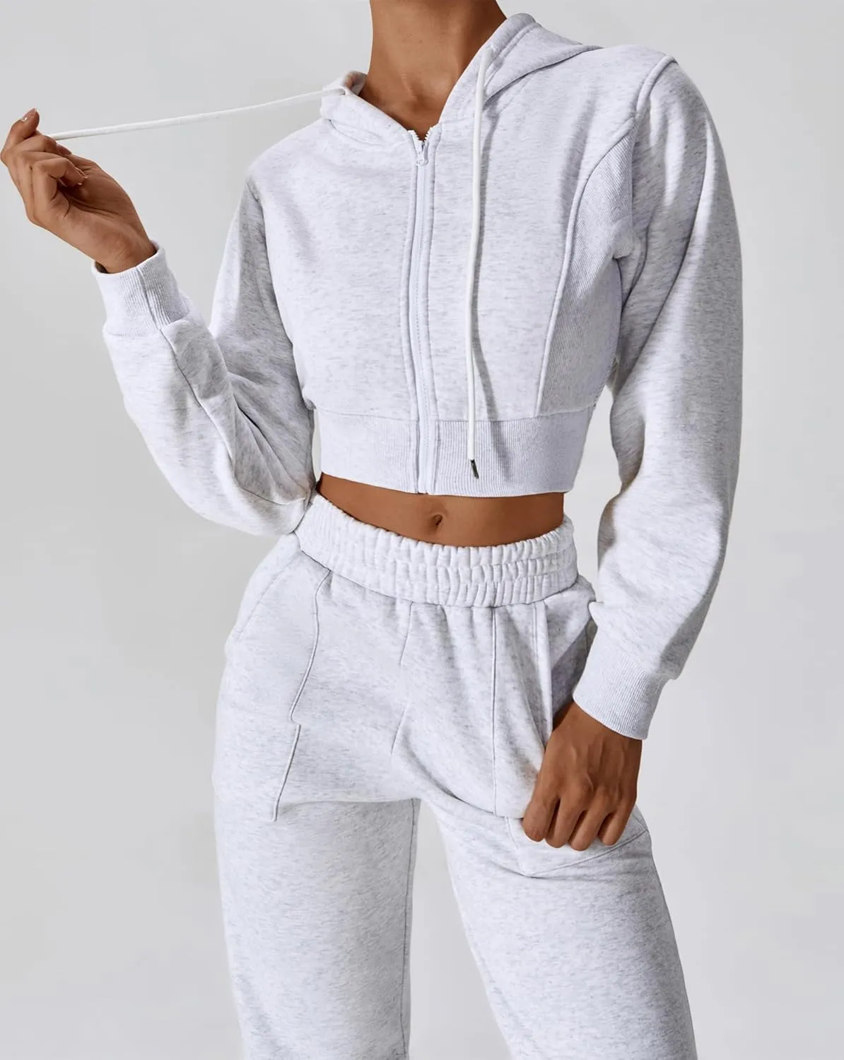 ABOCIW Women's Two Piece Outfits Sweatsuit Fleece Long Sleeve Zip Up Hoodies Cropped Sweatshirts Sweatpants Jogger Set
