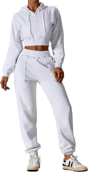 ABOCIW Women's Two Piece Outfits Sweatsuit Fleece Long Sleeve Zip Up Hoodies Cropped Sweatshirts Sweatpants Jogger Set
