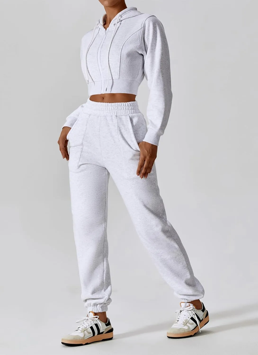 ABOCIW Women's Two Piece Outfits Sweatsuit Fleece Long Sleeve Zip Up Hoodies Cropped Sweatshirts Sweatpants Jogger Set