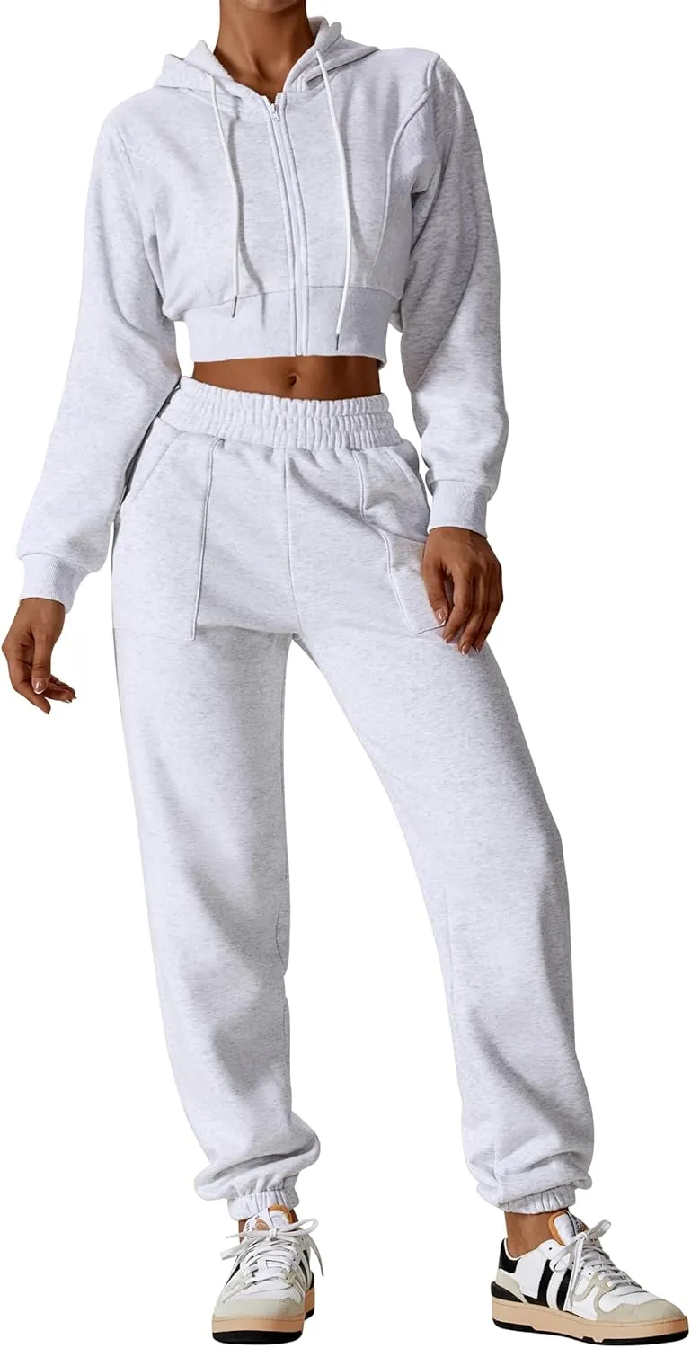 ABOCIW Women's Two Piece Outfits Sweatsuit Fleece Long Sleeve Zip Up Hoodies Cropped Sweatshirts Sweatpants Jogger Set