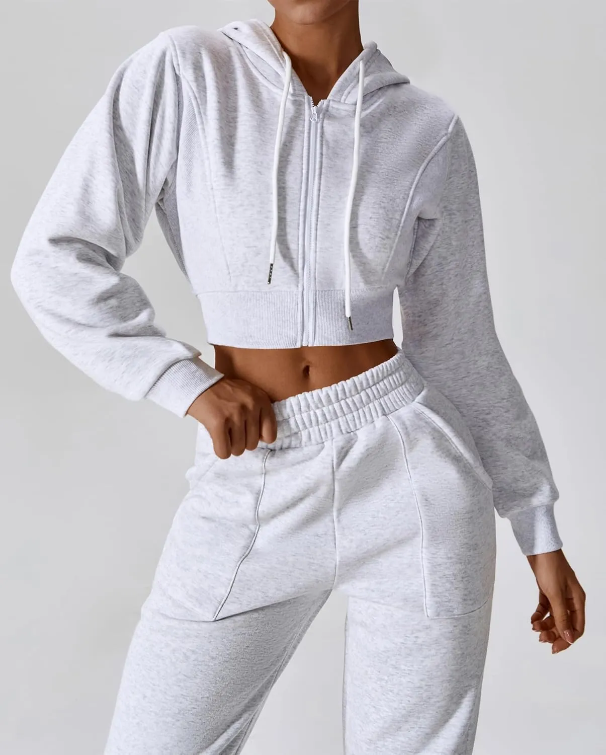 ABOCIW Women's Two Piece Outfits Sweatsuit Fleece Long Sleeve Zip Up Hoodies Cropped Sweatshirts Sweatpants Jogger Set