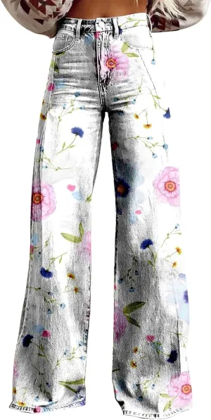 Baggy Jeans for Woman Wide Leg Jeans for Women Valentines 2025 Baggy Denim Pant Printed Jean Loose Casual Loose Pant