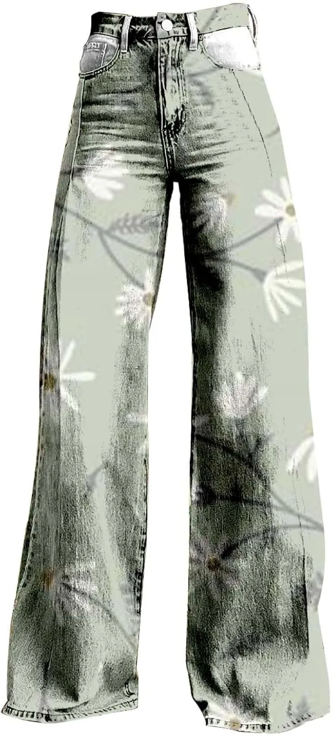 Baggy Jeans for Woman Wide Leg Jeans for Women Valentines 2025 Baggy Denim Pant Printed Jean Loose Casual Loose Pant