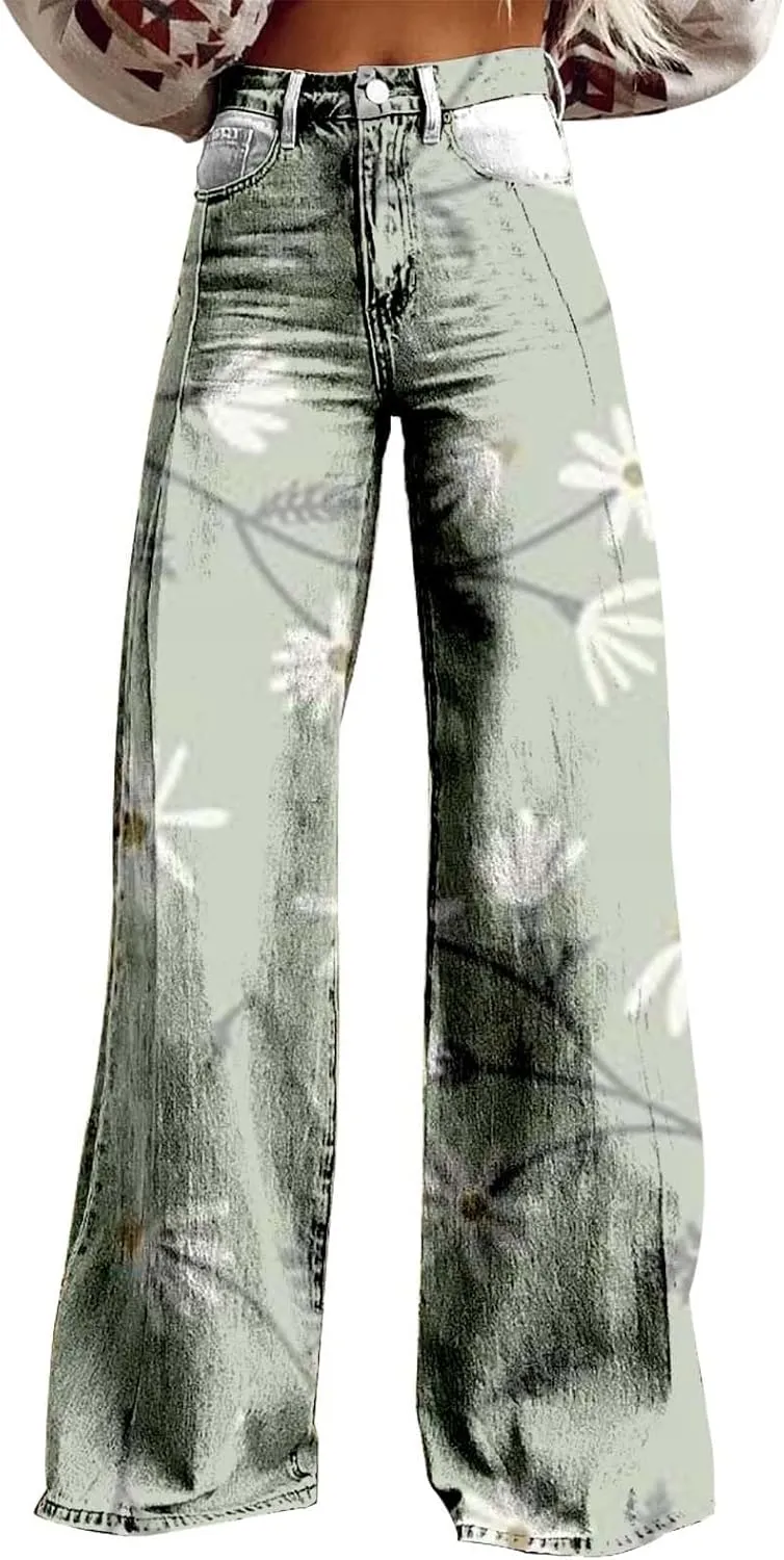 Baggy Jeans for Woman Wide Leg Jeans for Women Valentines 2025 Baggy Denim Pant Printed Jean Loose Casual Loose Pant