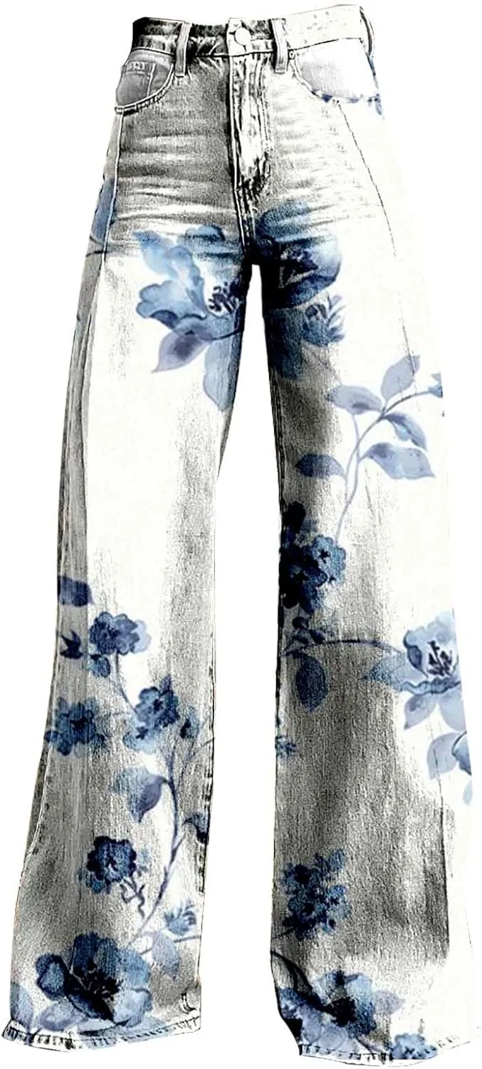 Baggy Jeans for Woman Wide Leg Jeans for Women Valentines 2025 Baggy Denim Pant Printed Jean Loose Casual Loose Pant