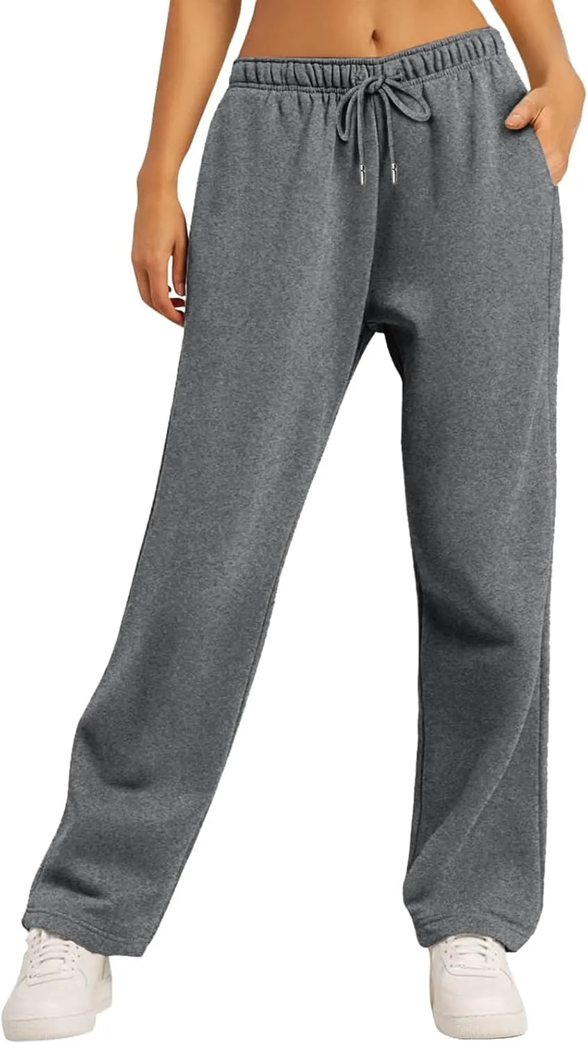 Baggy Wide Leg Sweatpants Women High Waisted Fleece Lined Joggers with Pockets Comfy Drawstring Casual Sweat Pants