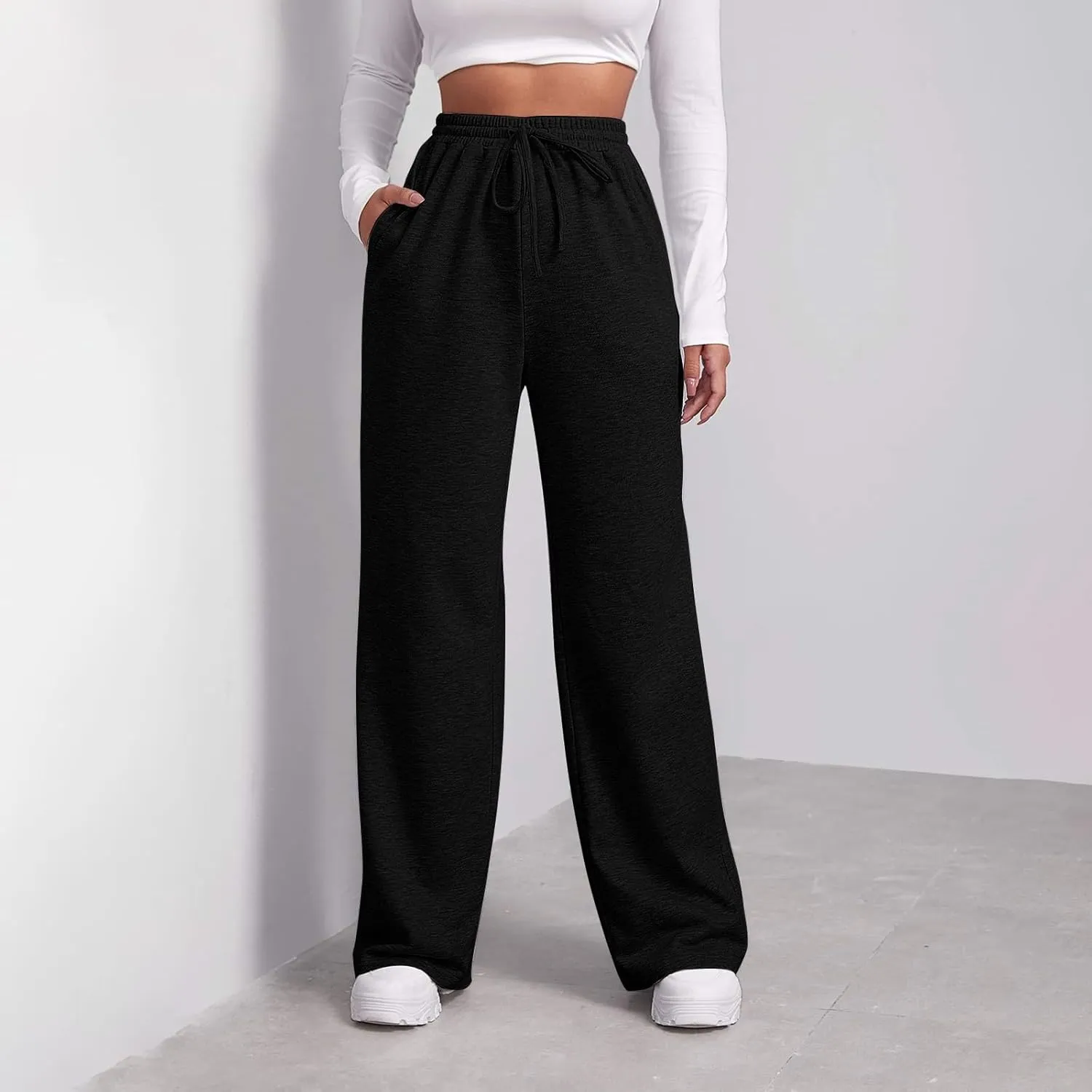 Baggy Wide Leg Sweatpants Women High Waisted Fleece Lined Joggers with Pockets Comfy Drawstring Casual Sweat Pants