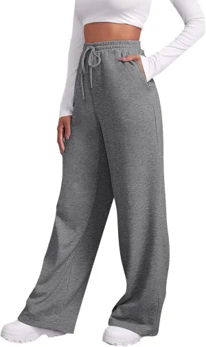 Baggy Wide Leg Sweatpants Women High Waisted Fleece Lined Joggers with Pockets Comfy Drawstring Casual Sweat Pants
