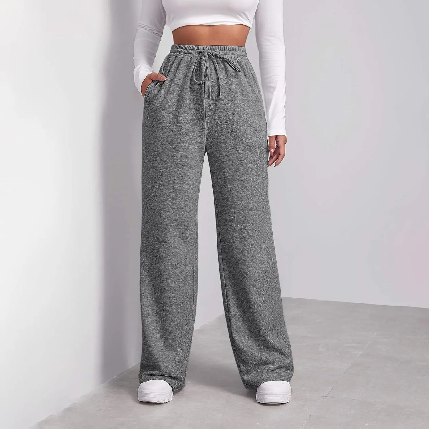 Baggy Wide Leg Sweatpants Women High Waisted Fleece Lined Joggers with Pockets Comfy Drawstring Casual Sweat Pants