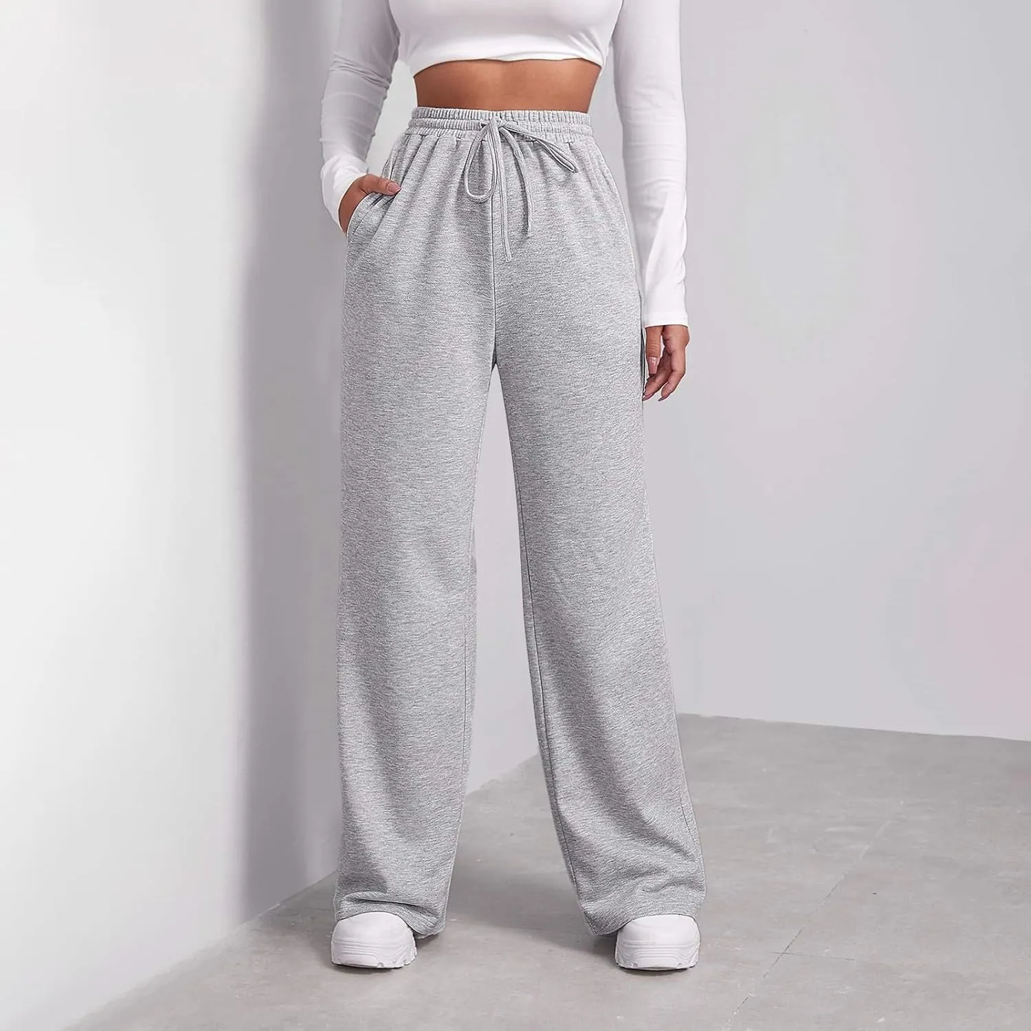 Baggy Wide Leg Sweatpants Women High Waisted Fleece Lined Joggers with Pockets Comfy Drawstring Casual Sweat Pants