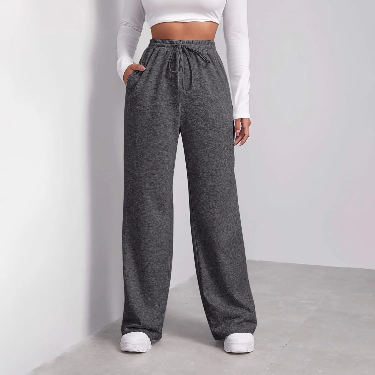 Baggy Wide Leg Sweatpants Women High Waisted Fleece Lined Joggers with Pockets Comfy Drawstring Casual Sweat Pants
