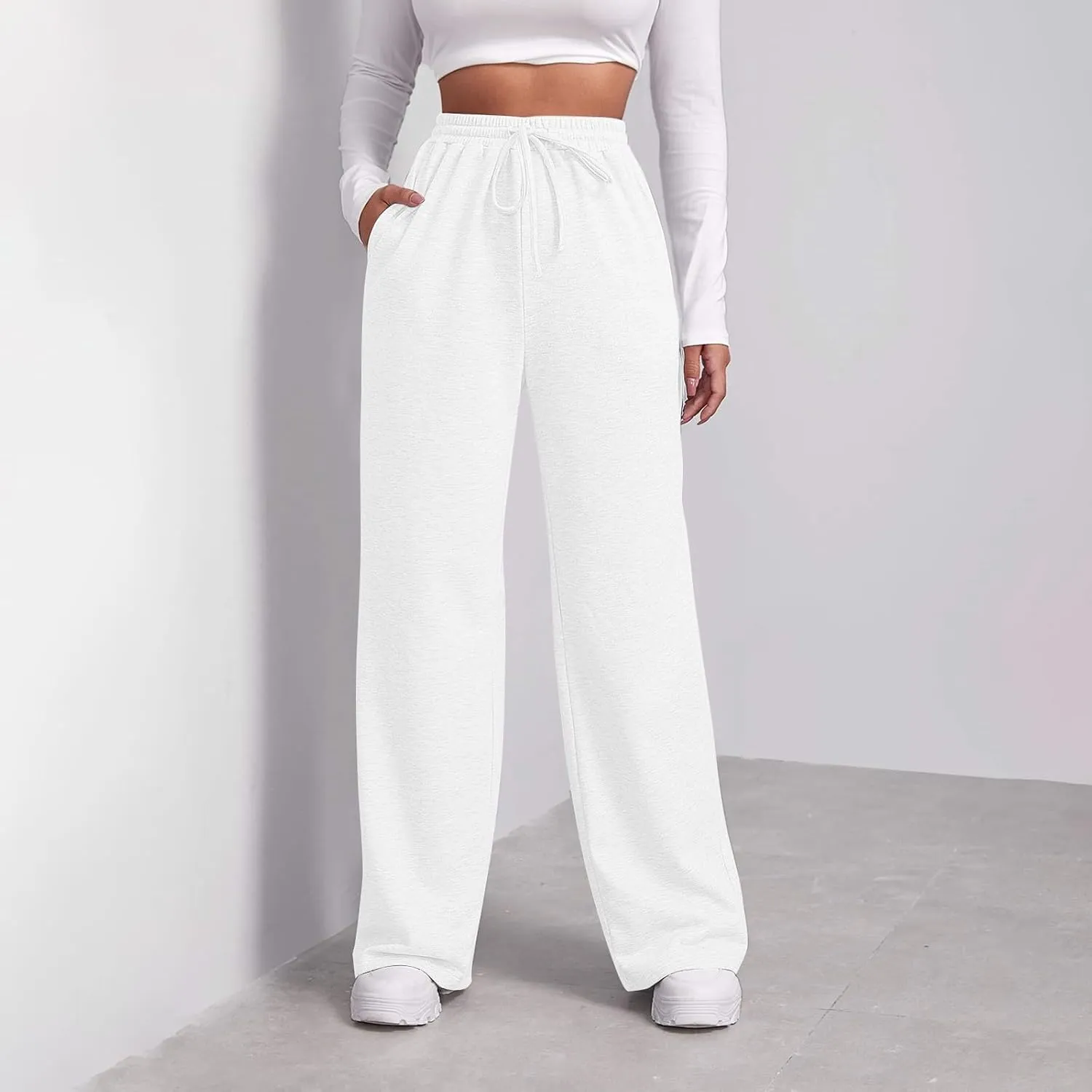Baggy Wide Leg Sweatpants Women High Waisted Fleece Lined Joggers with Pockets Comfy Drawstring Casual Sweat Pants