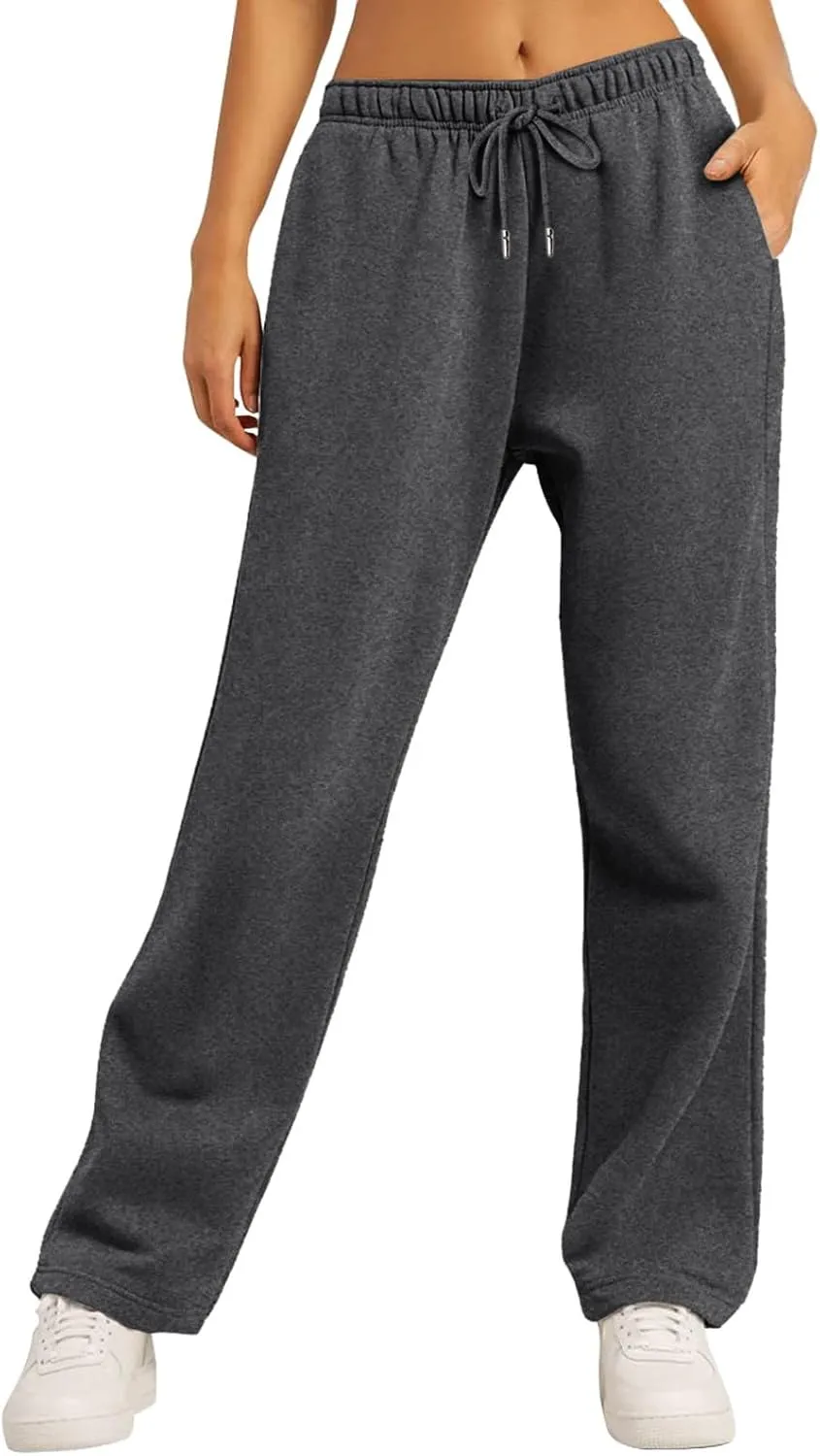Baggy Wide Leg Sweatpants Women High Waisted Fleece Lined Joggers with Pockets Comfy Drawstring Casual Sweat Pants