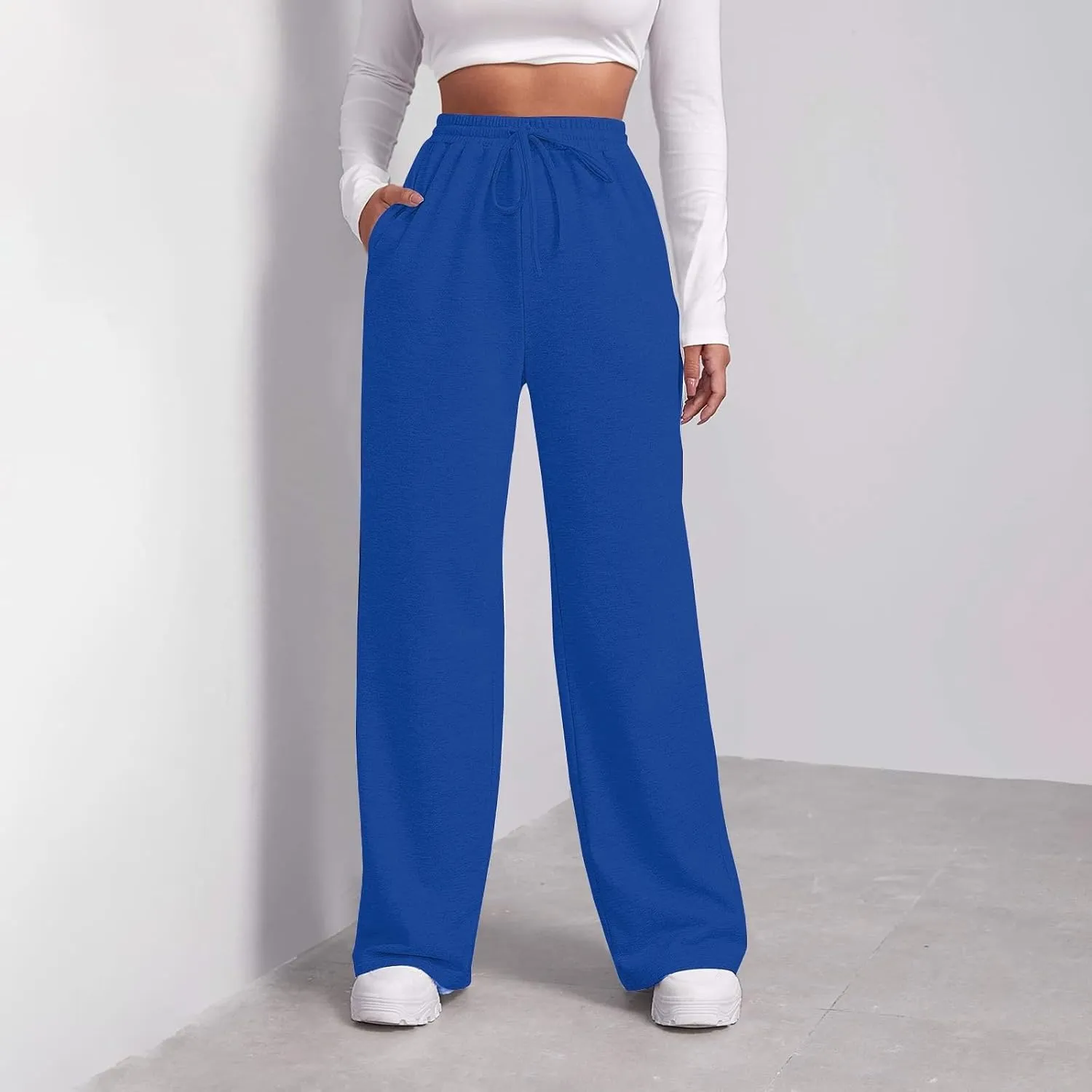 Baggy Wide Leg Sweatpants Women High Waisted Fleece Lined Joggers with Pockets Comfy Drawstring Casual Sweat Pants