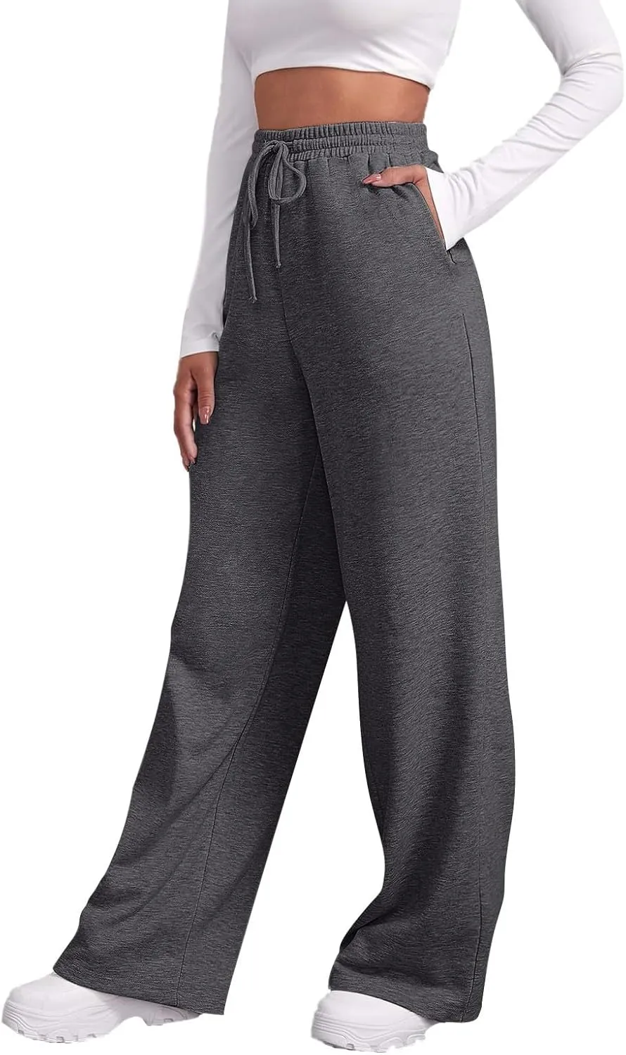 Baggy Wide Leg Sweatpants Women High Waisted Fleece Lined Joggers with Pockets Comfy Drawstring Casual Sweat Pants