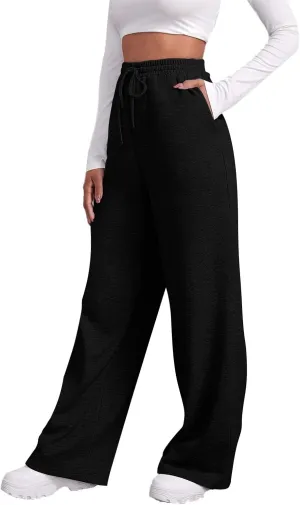 Baggy Wide Leg Sweatpants Women High Waisted Fleece Lined Joggers with Pockets Comfy Drawstring Casual Sweat Pants