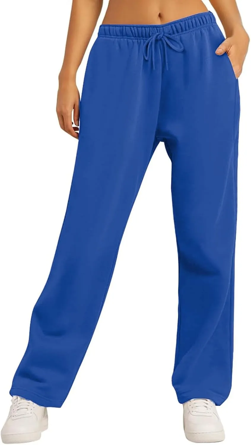 Baggy Wide Leg Sweatpants Women High Waisted Fleece Lined Joggers with Pockets Comfy Drawstring Casual Sweat Pants