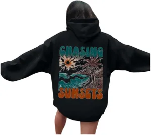 Black Sweatshirt Women Womens Oversized Hoodies Chasing Sunsets Graphic Print Casual Long Sleeve Lightweight Drop Shoulder Pullover Y2K Top Outfits Pink pom Puff Hoodie Black Small