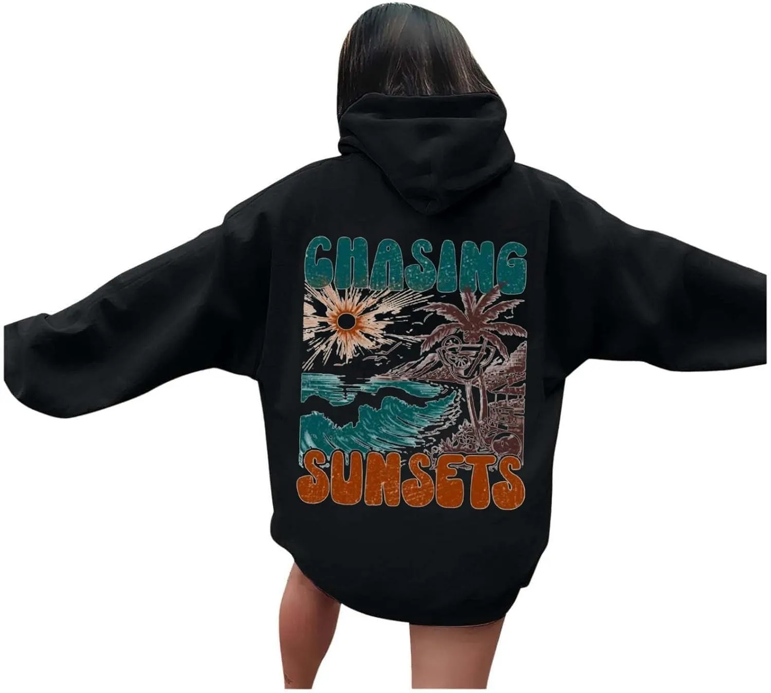 Black Sweatshirt Women Womens Oversized Hoodies Chasing Sunsets Graphic Print Casual Long Sleeve Lightweight Drop Shoulder Pullover Y2K Top Outfits Pink pom Puff Hoodie Black Small