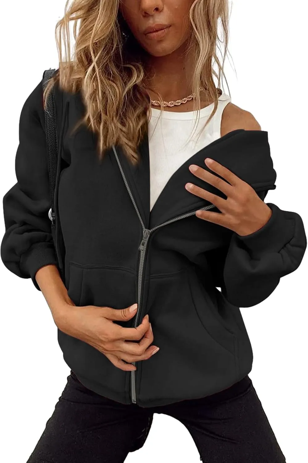 Bobeutou Womens Zip Up Y2K Hoodies Long Sleeve Fall Oversized Casual Drawstring Drop Shoulder Sweatshirts Jacket with Pocket