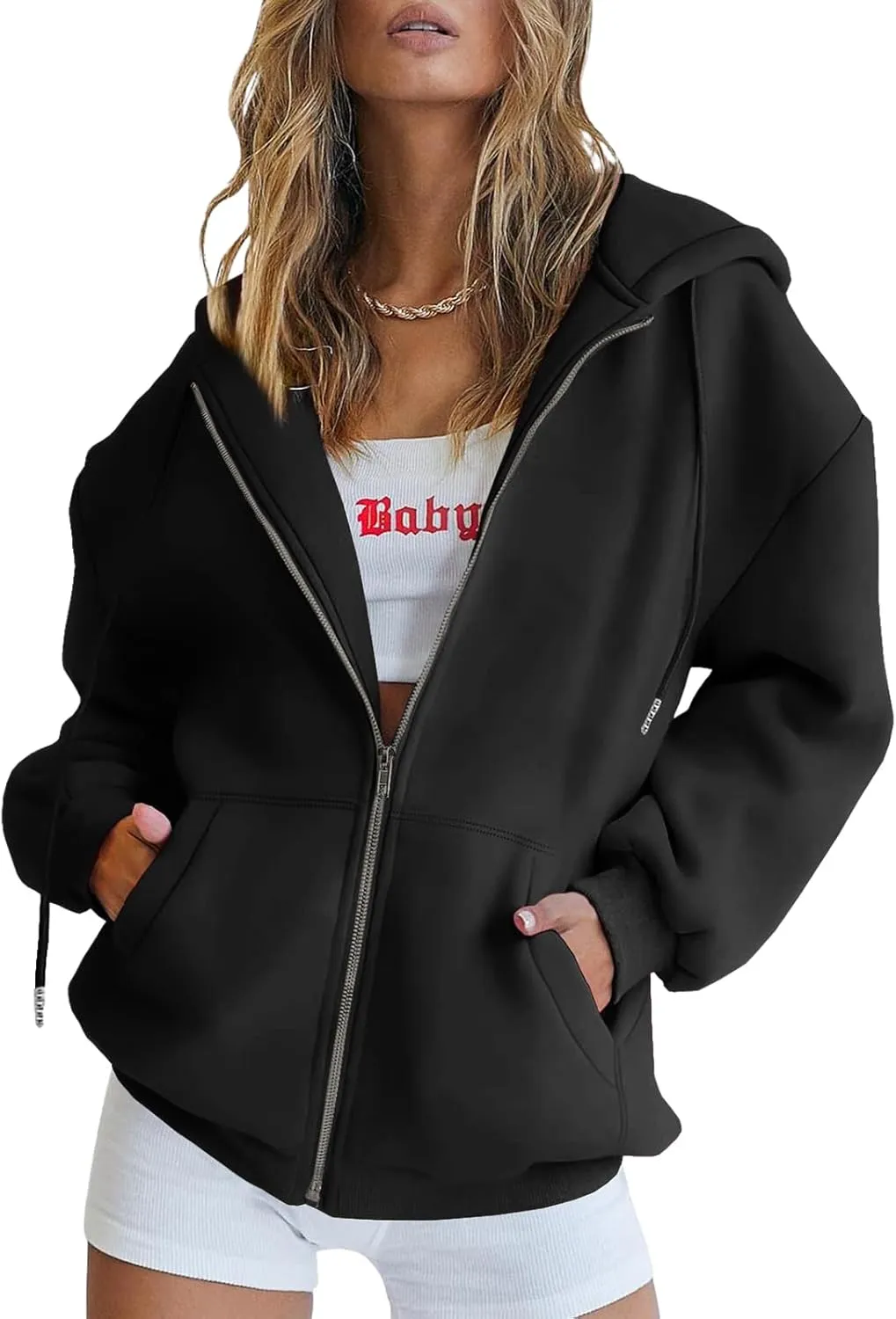 Bobeutou Womens Zip Up Y2K Hoodies Long Sleeve Fall Oversized Casual Drawstring Drop Shoulder Sweatshirts Jacket with Pocket