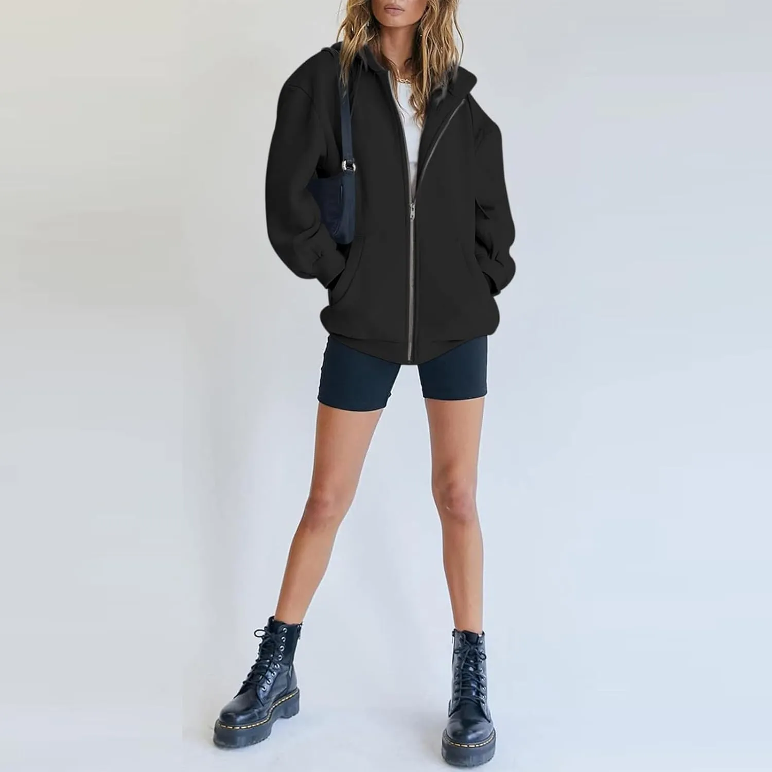 Bobeutou Womens Zip Up Y2K Hoodies Long Sleeve Fall Oversized Casual Drawstring Drop Shoulder Sweatshirts Jacket with Pocket