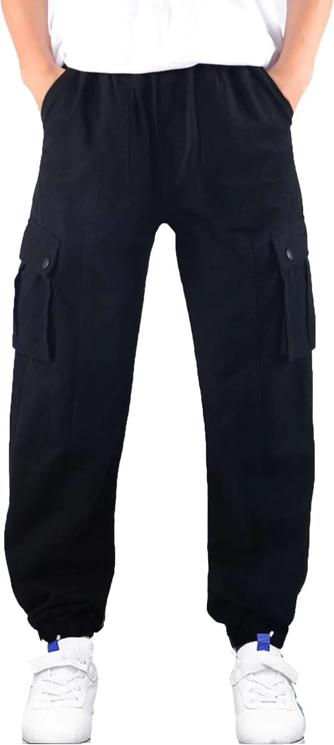 Boys Cargo Pants Elastic Waist Twill Joggers Pull on Casual Trousers for Kids