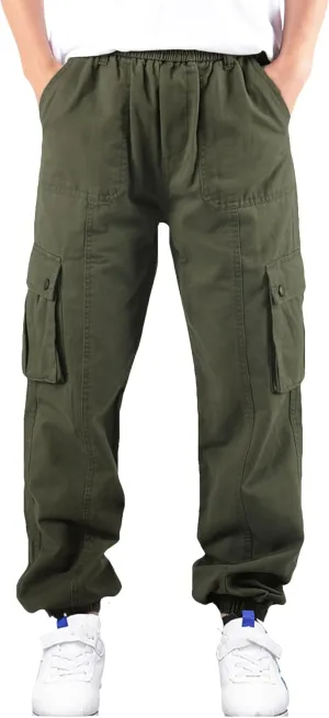 Boys Cargo Pants Elastic Waist Twill Joggers Pull on Casual Trousers for Kids