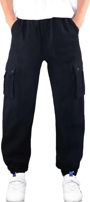 Boys Cargo Pants Elastic Waist Twill Joggers Pull on Casual Trousers for Kids