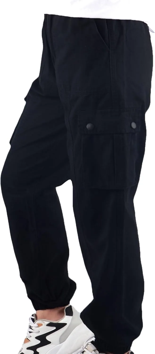 Boys Cargo Pants Elastic Waist Twill Joggers Pull on Casual Trousers for Kids