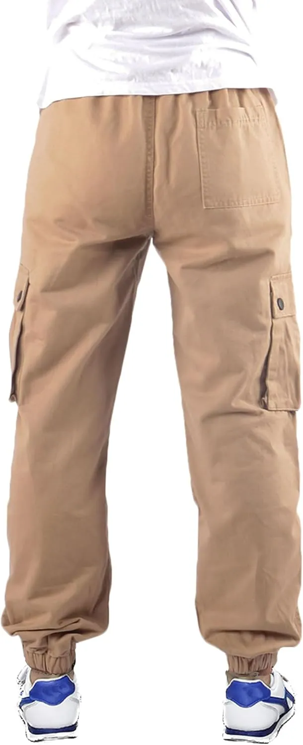 Boys Cargo Pants Elastic Waist Twill Joggers Pull on Casual Trousers for Kids