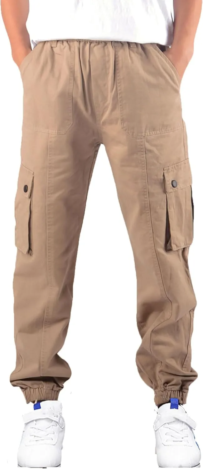 Boys Cargo Pants Elastic Waist Twill Joggers Pull on Casual Trousers for Kids
