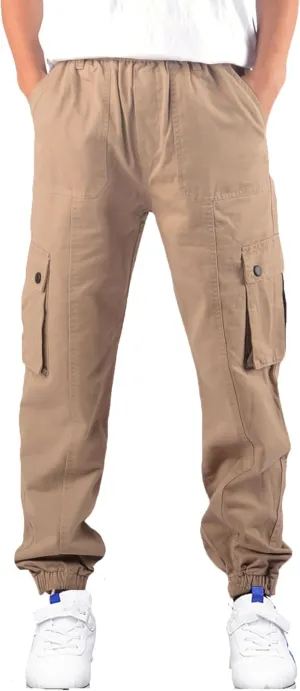 Boys Cargo Pants Elastic Waist Twill Joggers Pull on Casual Trousers for Kids