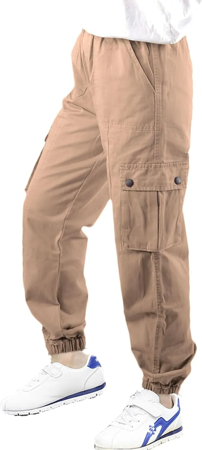 Boys Cargo Pants Elastic Waist Twill Joggers Pull on Casual Trousers for Kids