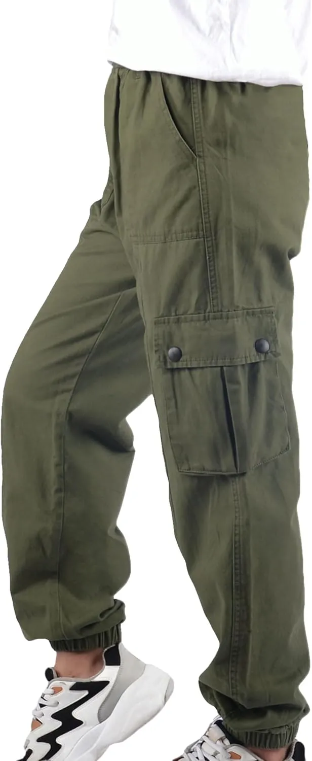 Boys Cargo Pants Elastic Waist Twill Joggers Pull on Casual Trousers for Kids
