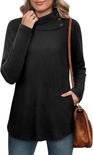 Bulotus Womens Turtleneck Sweaters Ribbed Knit Split Cowl Neck Tunic Sweaters