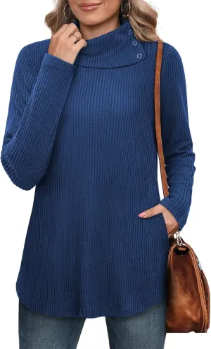 Bulotus Womens Turtleneck Sweaters Ribbed Knit Split Cowl Neck Tunic Sweaters