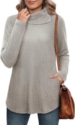 Bulotus Womens Turtleneck Sweaters Ribbed Knit Split Cowl Neck Tunic Sweaters