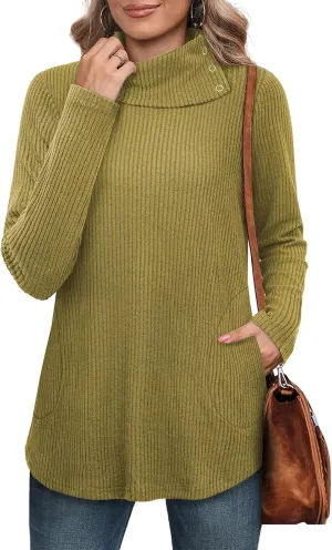 Bulotus Womens Turtleneck Sweaters Ribbed Knit Split Cowl Neck Tunic Sweaters
