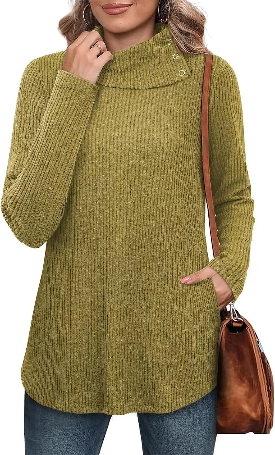Bulotus Womens Turtleneck Sweaters Ribbed Knit Split Cowl Neck Tunic Sweaters