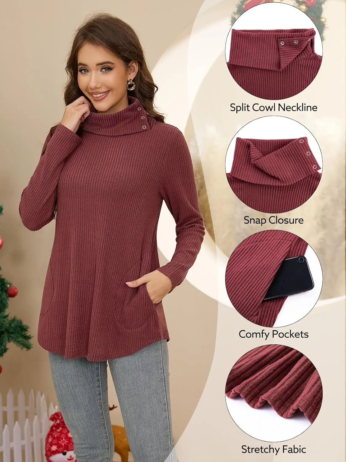 Bulotus Womens Turtleneck Sweaters Ribbed Knit Split Cowl Neck Tunic Sweaters