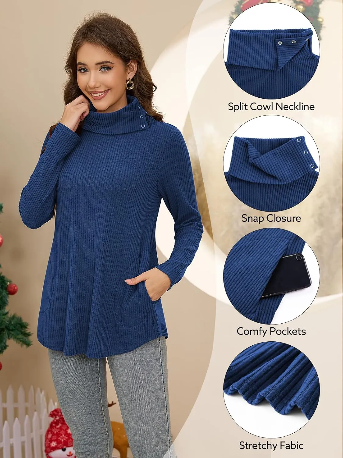 Bulotus Womens Turtleneck Sweaters Ribbed Knit Split Cowl Neck Tunic Sweaters