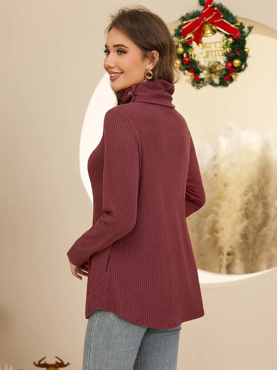 Bulotus Womens Turtleneck Sweaters Ribbed Knit Split Cowl Neck Tunic Sweaters