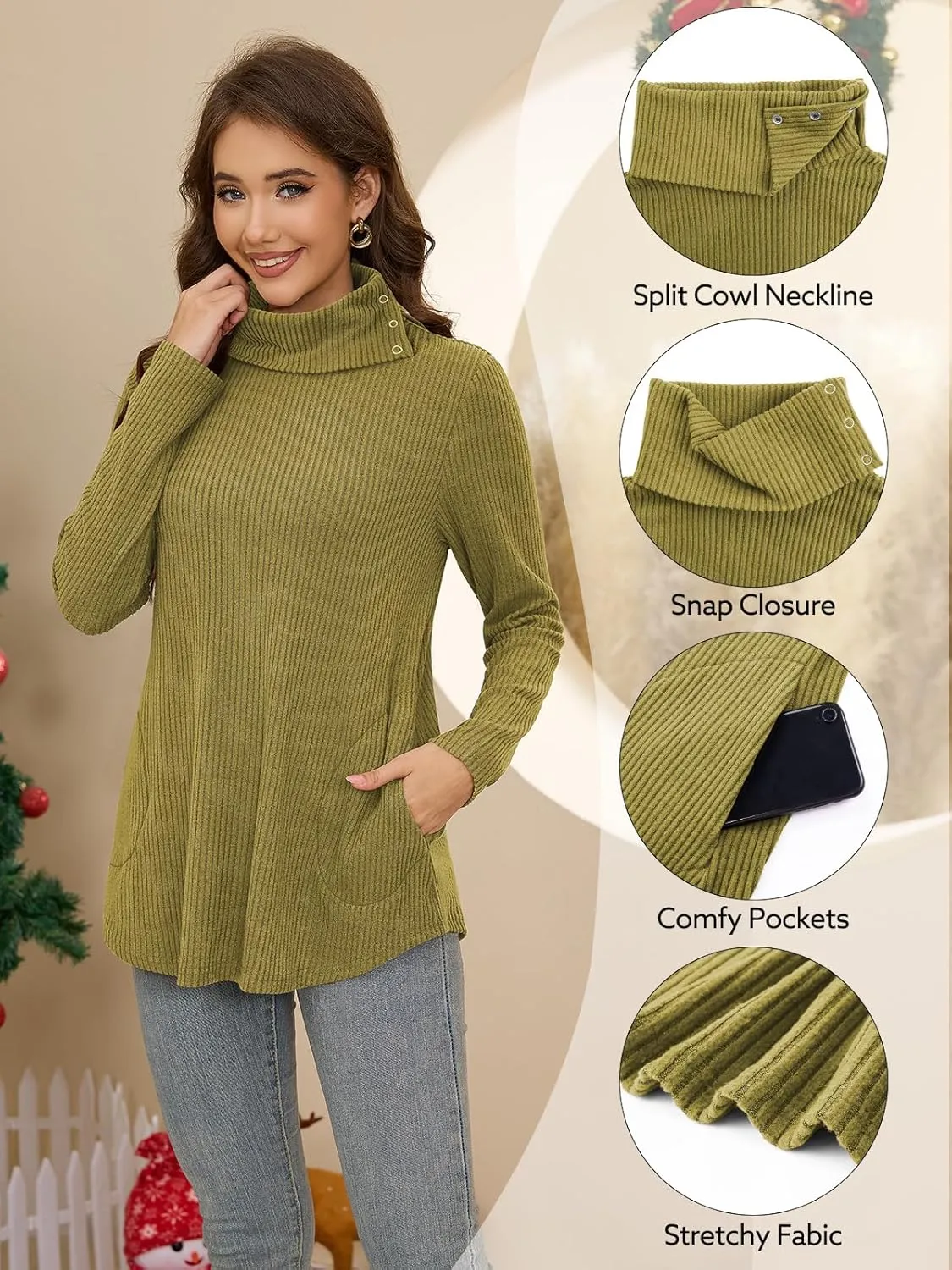 Bulotus Womens Turtleneck Sweaters Ribbed Knit Split Cowl Neck Tunic Sweaters