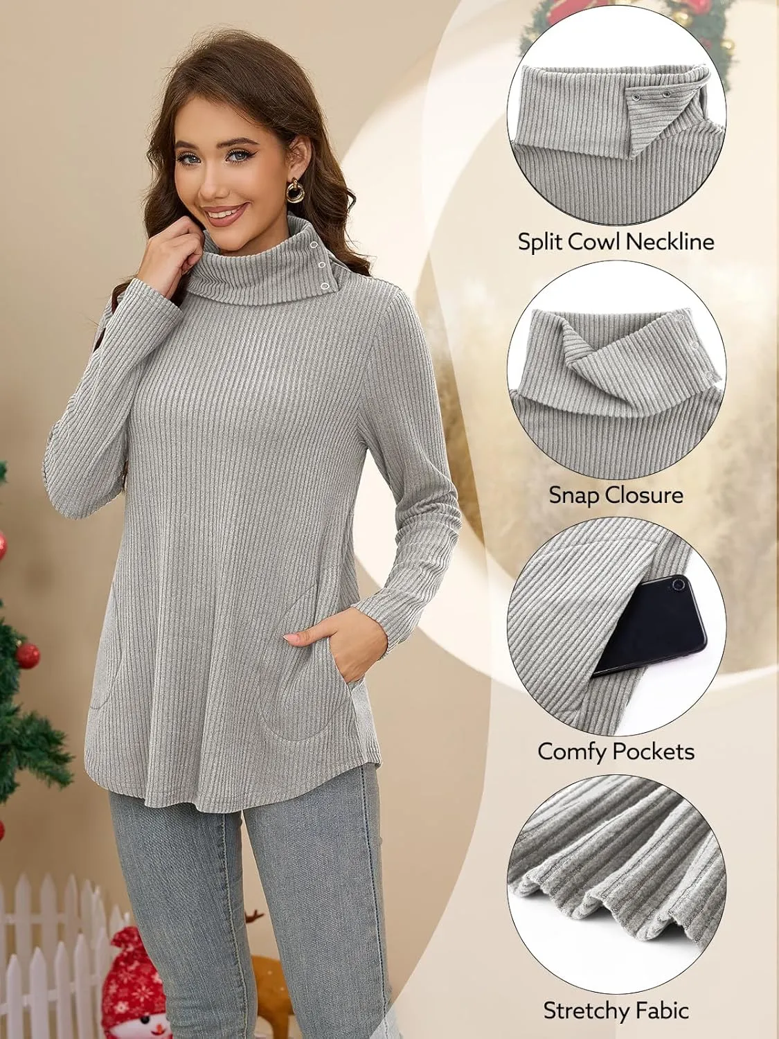 Bulotus Womens Turtleneck Sweaters Ribbed Knit Split Cowl Neck Tunic Sweaters