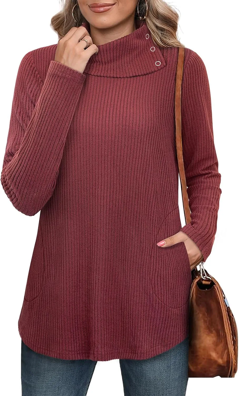 Bulotus Womens Turtleneck Sweaters Ribbed Knit Split Cowl Neck Tunic Sweaters