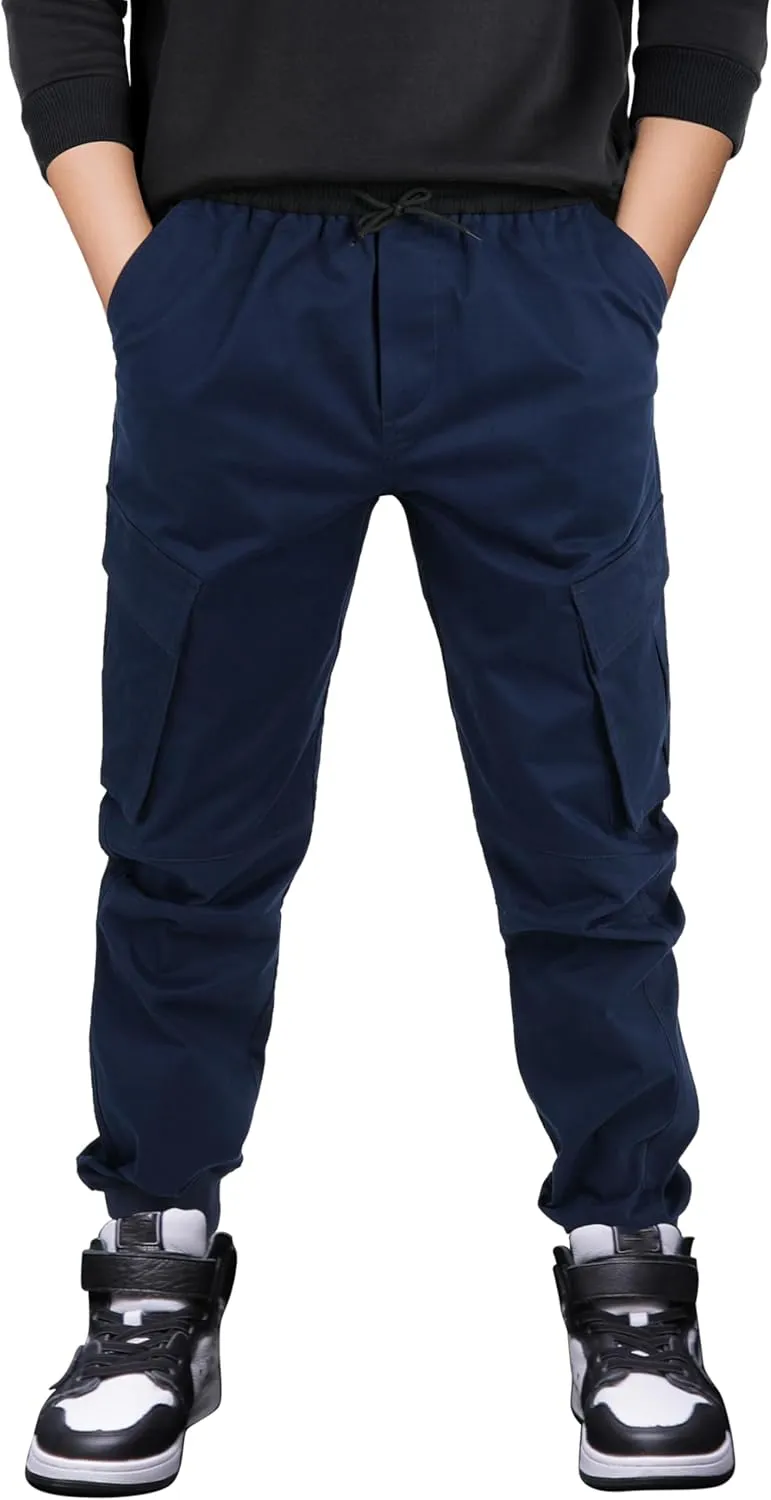 CAMLAKEE Boys Stretch Cargo Pants Kids Drawstring Elastic Waist School Youth Twill Joggers Pants