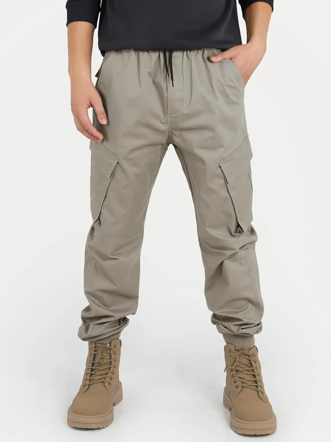 CAMLAKEE Boys Stretch Cargo Pants Kids Drawstring Elastic Waist School Youth Twill Joggers Pants