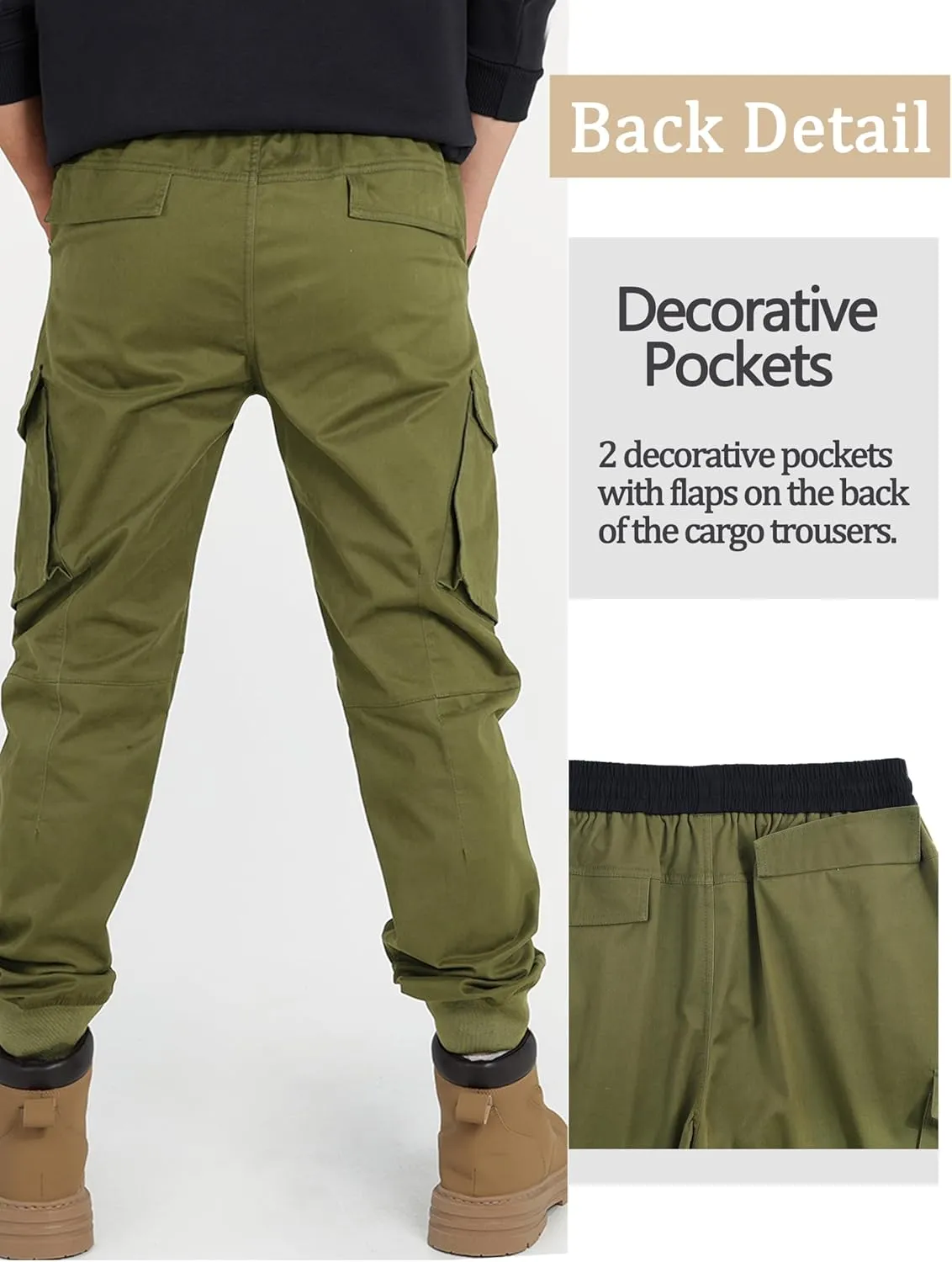 CAMLAKEE Boys Stretch Cargo Pants Kids Drawstring Elastic Waist School Youth Twill Joggers Pants