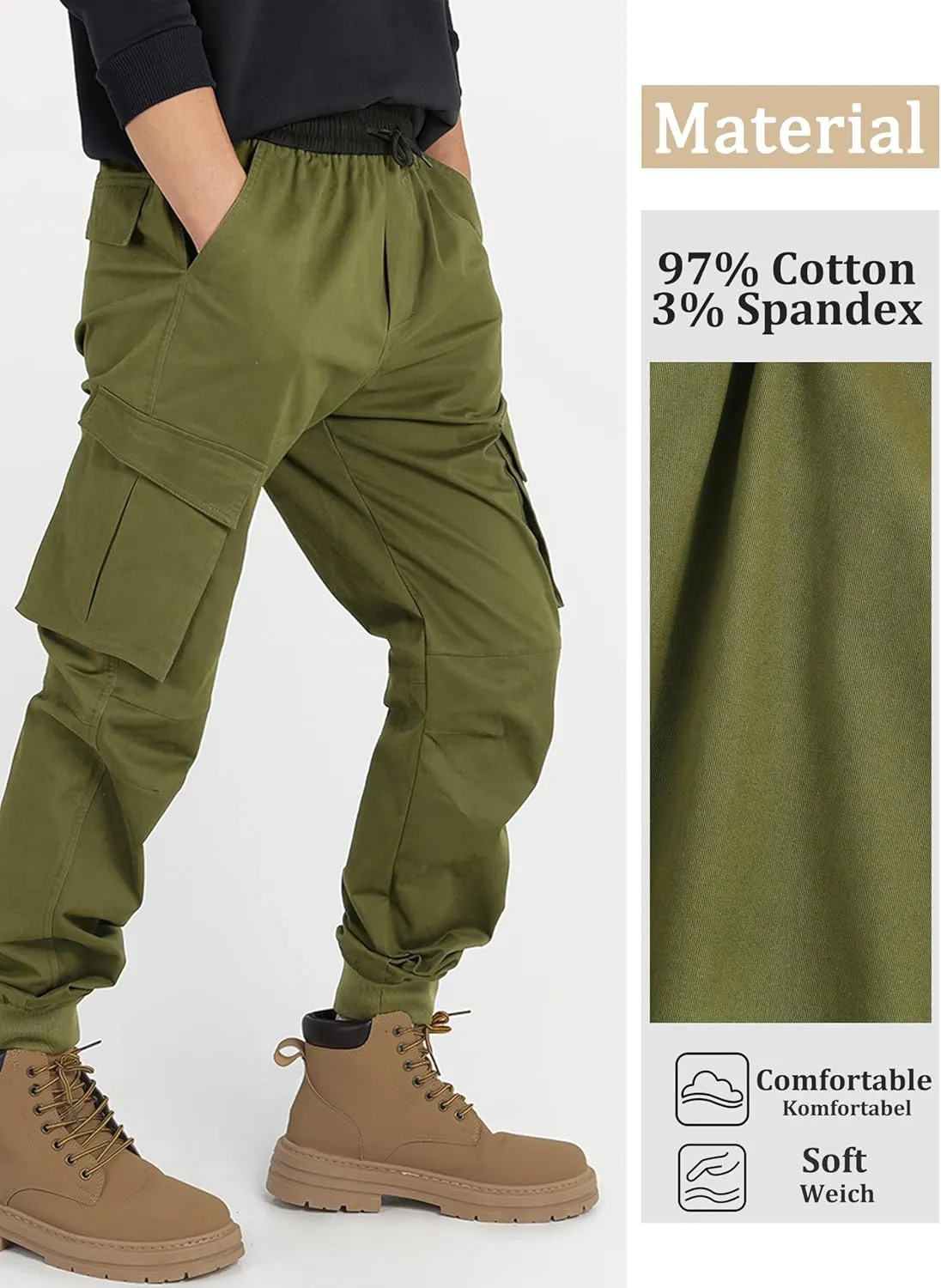 CAMLAKEE Boys Stretch Cargo Pants Kids Drawstring Elastic Waist School Youth Twill Joggers Pants